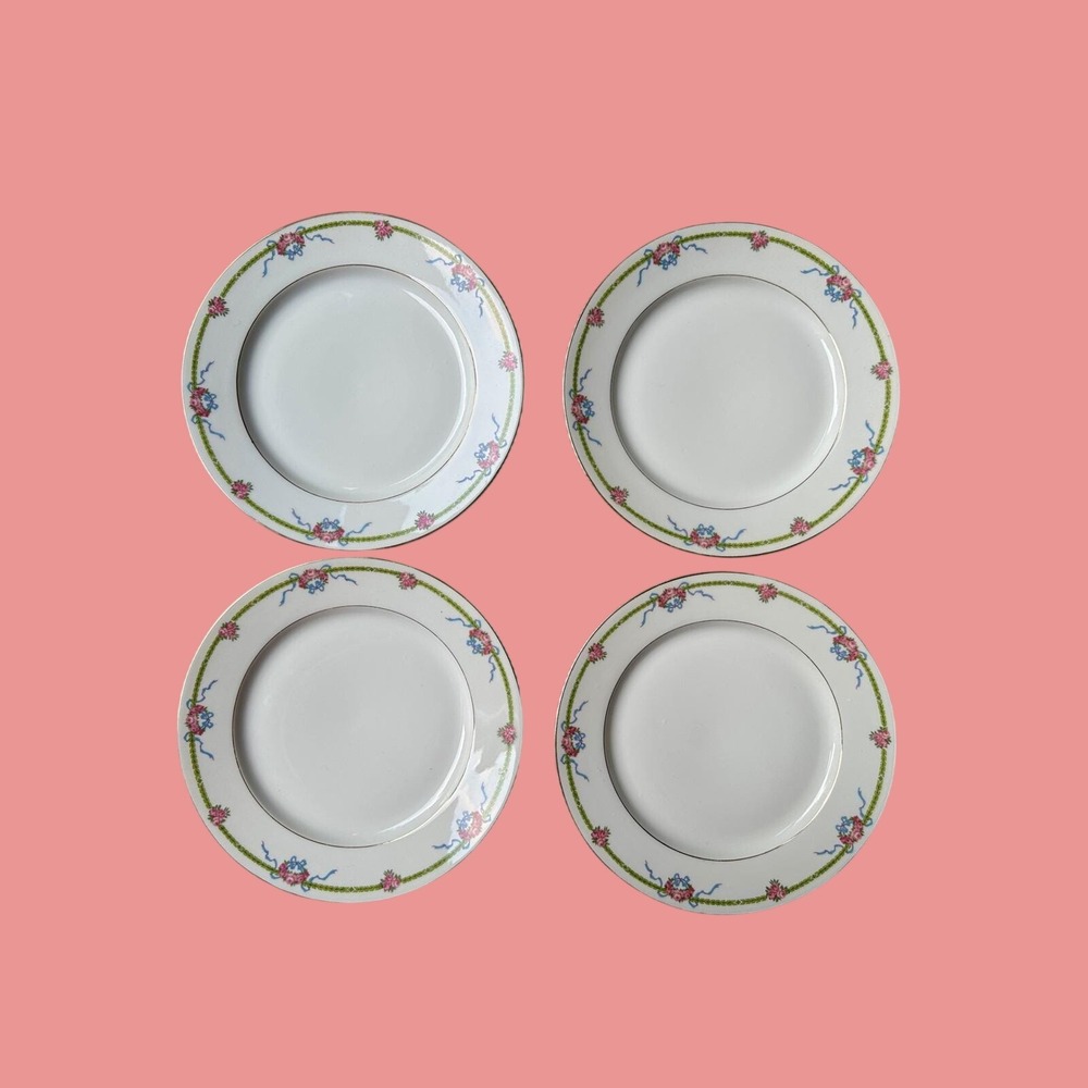 T&V Limoges France Antique Art Nouveau Salad Plates Hand Painted Floral Set of 4